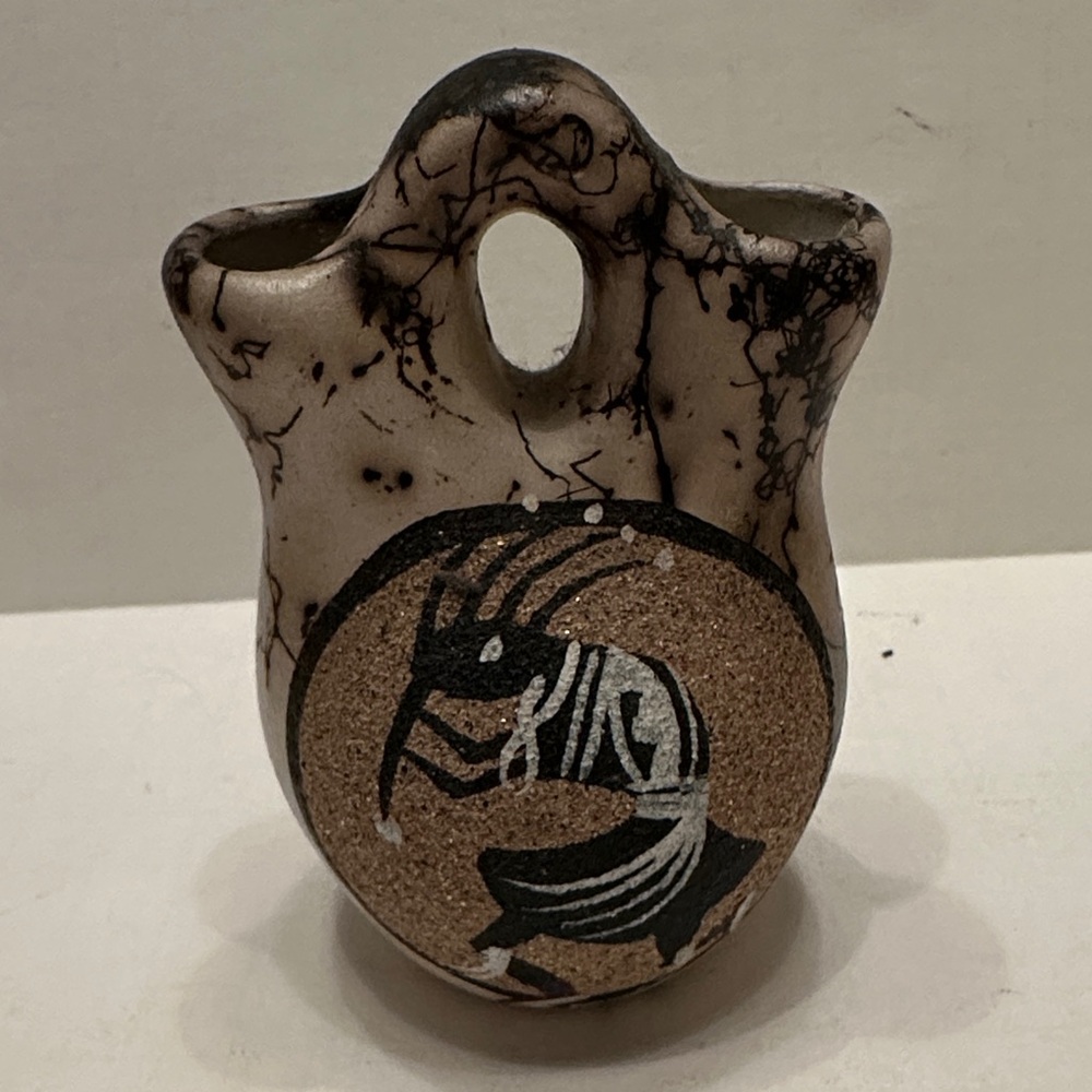 Handcrafted Ceramic Horsehair Sand Art Wedding Vase Navajo Signed